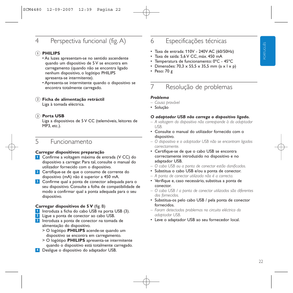 4perspectiva funcional (fig. a), 5funcionamento, 6especificações técnicas | 7resolução de problemas | Philips Power2Charge User Manual | Page 22 / 61