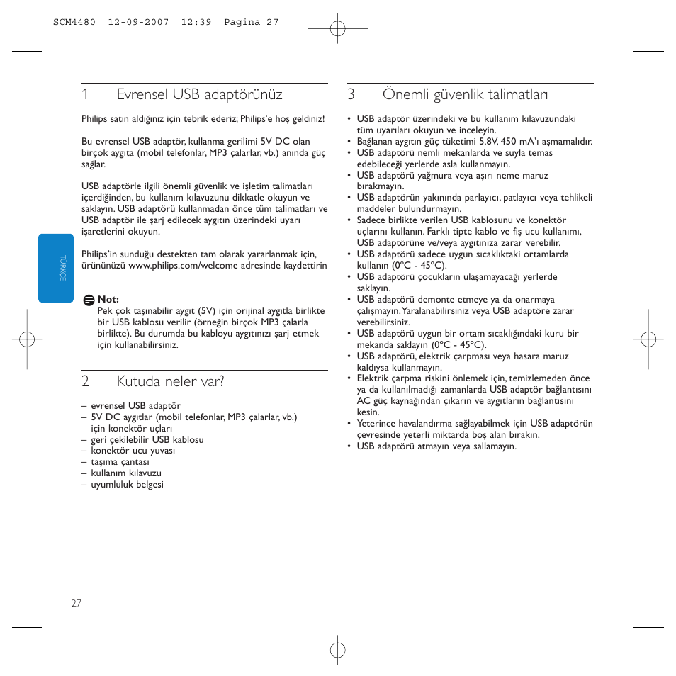 1evrensel usb adaptörünüz, 2kutuda neler var, 3önemli güvenlik talimatları | Philips Power2Charge User Manual | Page 27 / 61