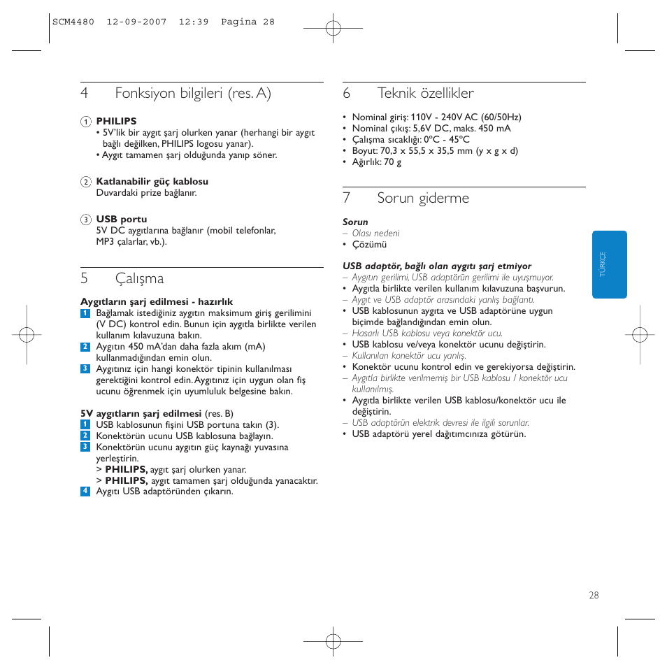 4fonksiyon bilgileri (res. a), 5çalışma, 6teknik özellikler | 7sorun giderme | Philips Power2Charge User Manual | Page 28 / 61