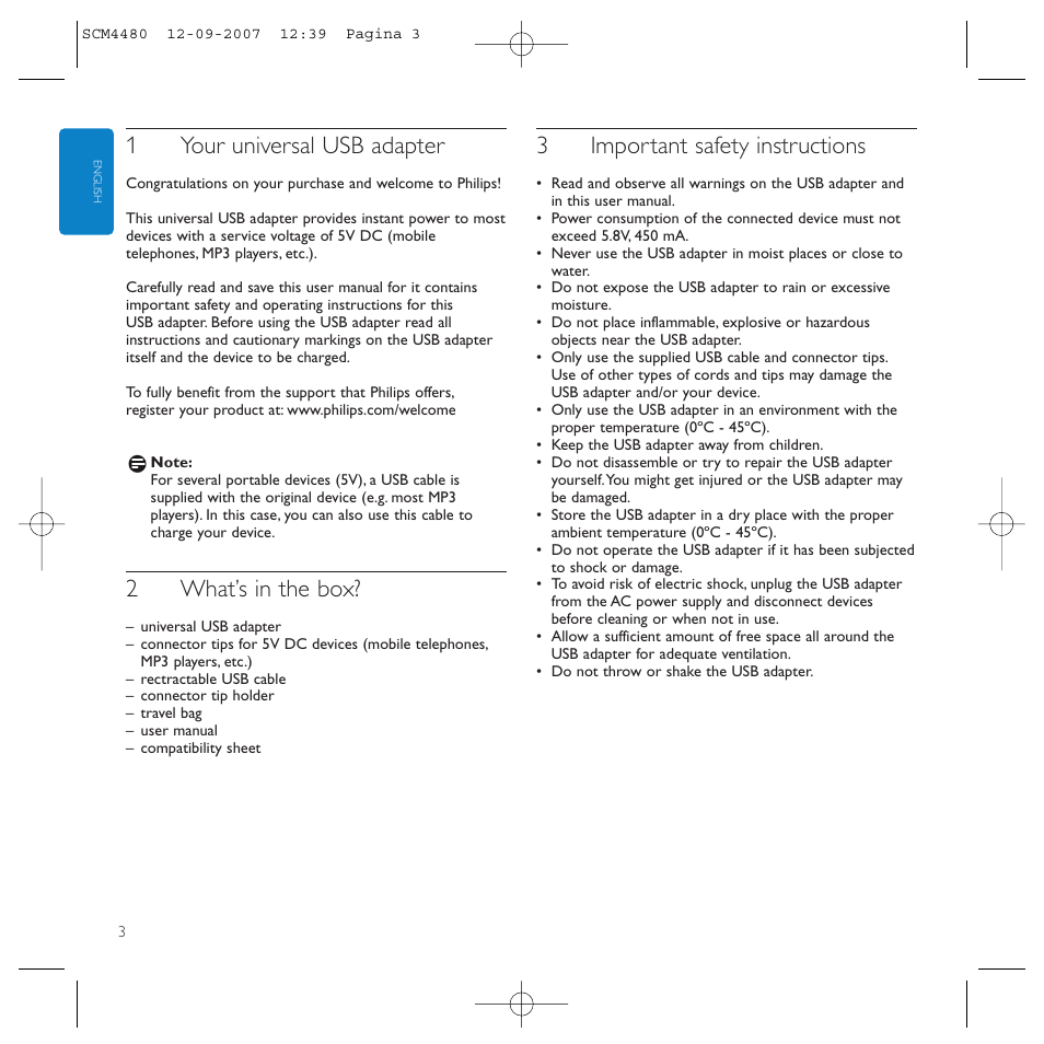 1your universal usb adapter, 2what’s in the box, 3important safety instructions | Philips Power2Charge User Manual | Page 3 / 61