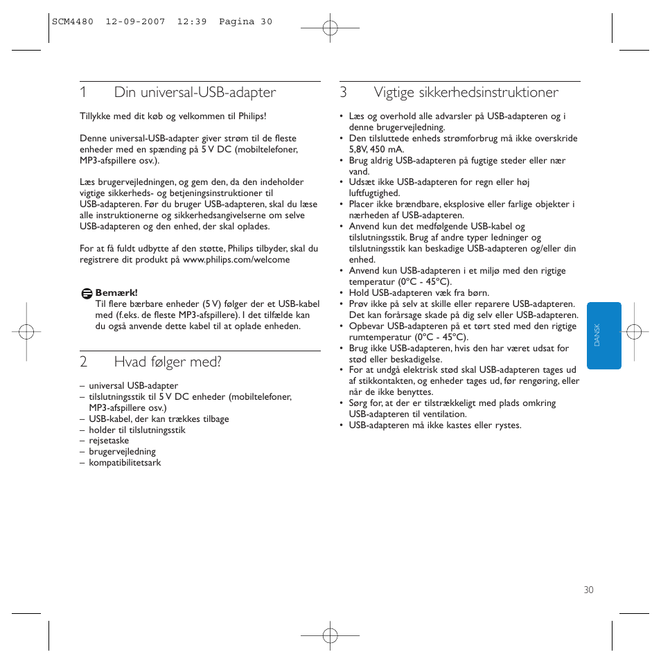 1din universal-usb-adapter, 2hvad følger med, 3vigtige sikkerhedsinstruktioner | Philips Power2Charge User Manual | Page 30 / 61