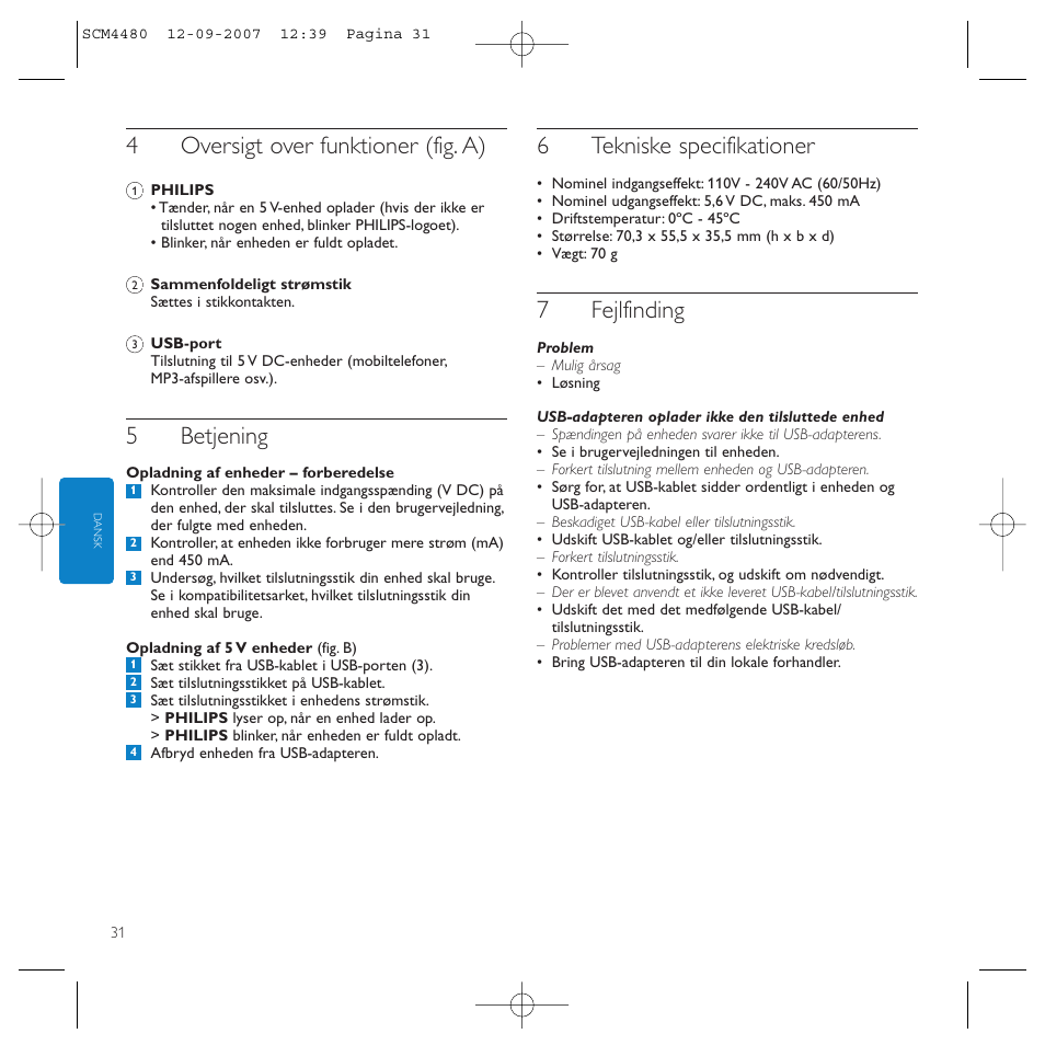 4oversigt over funktioner (fig. a), 5betjening, 6tekniske specifikationer | 7fejlfinding | Philips Power2Charge User Manual | Page 31 / 61