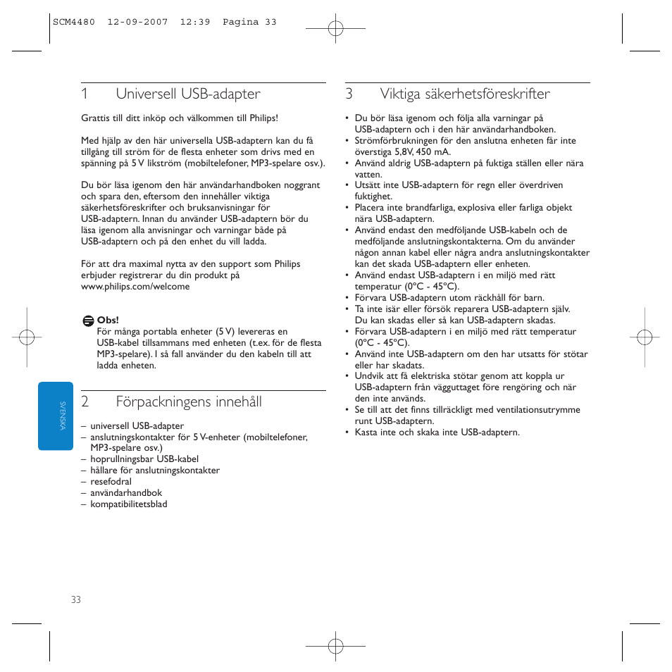 1universell usb-adapter, 2förpackningens innehåll, 3viktiga säkerhetsföreskrifter | Philips Power2Charge User Manual | Page 33 / 61