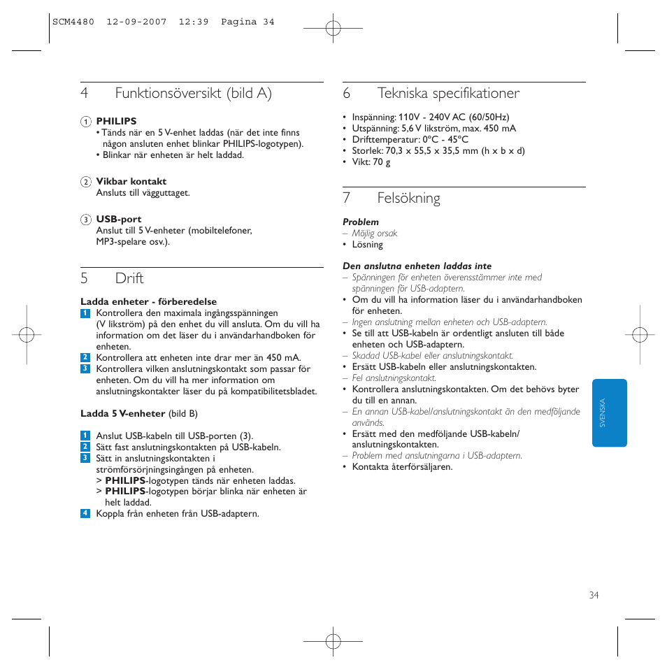 4funktionsöversikt (bild a), 5drift, 6tekniska specifikationer | 7felsökning | Philips Power2Charge User Manual | Page 34 / 61