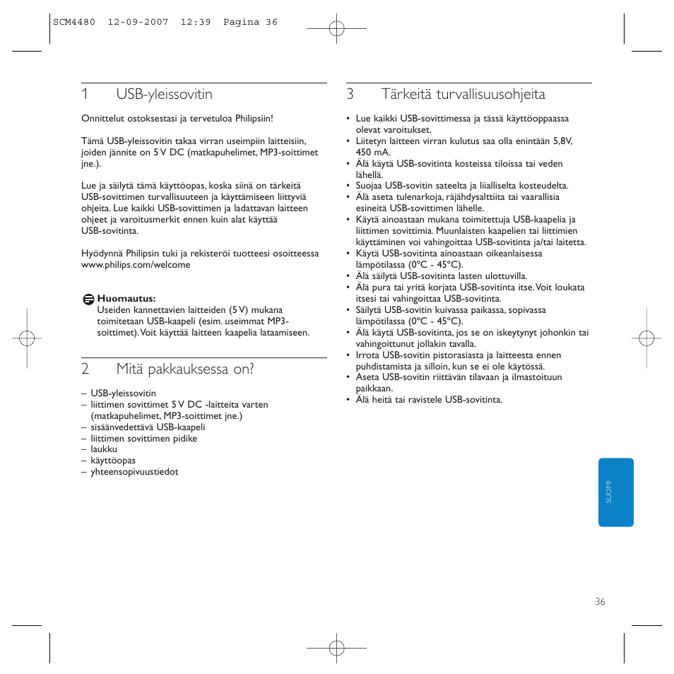 1usb-yleissovitin, 2mitä pakkauksessa on, 3tärkeitä turvallisuusohjeita | Philips Power2Charge User Manual | Page 36 / 61