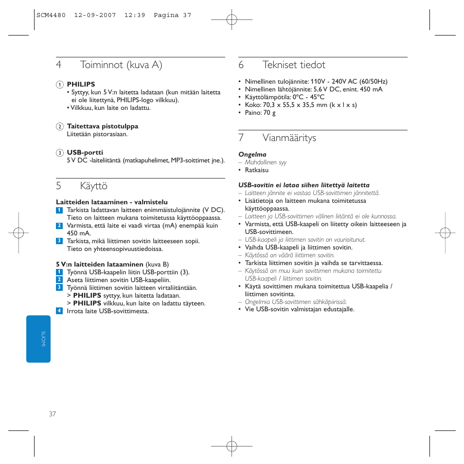 4toiminnot (kuva a), 5käyttö, 6tekniset tiedot | 7vianmääritys | Philips Power2Charge User Manual | Page 37 / 61