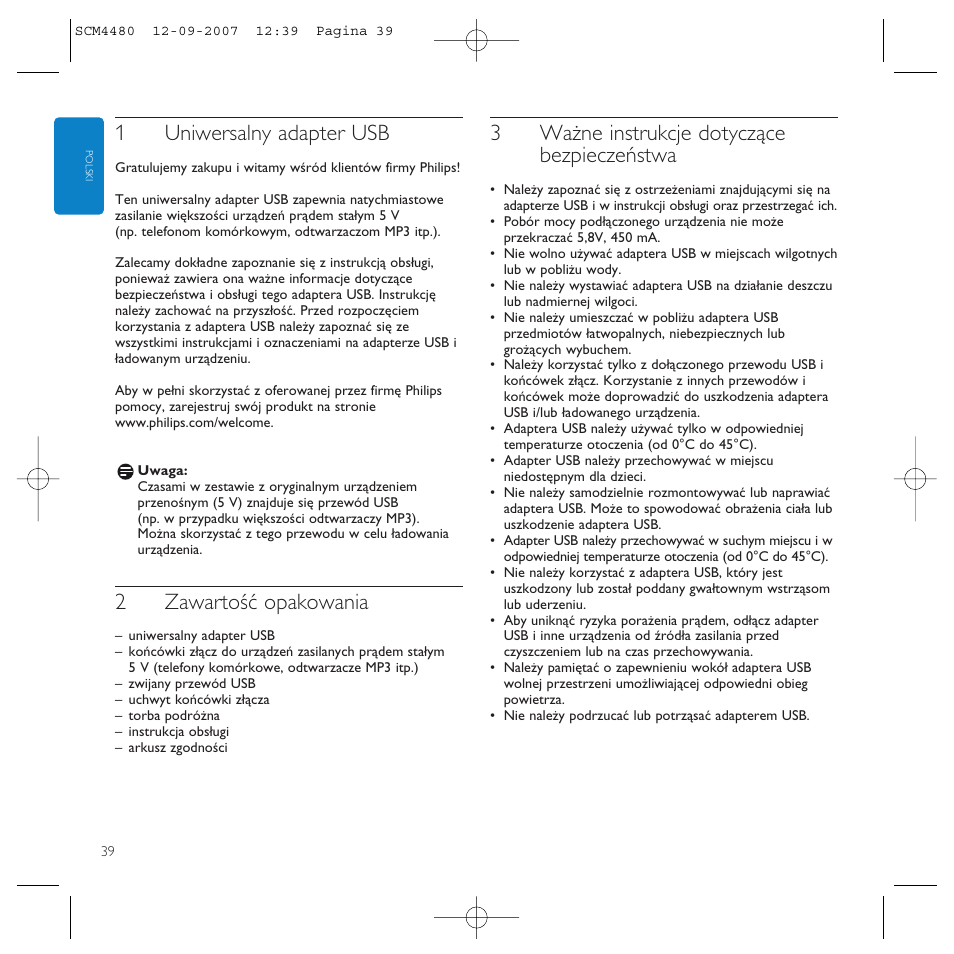 1uniwersalny adapter usb, 2zawartość opakowania, 3ważne instrukcje dotyczące bezpieczeństwa | Philips Power2Charge User Manual | Page 39 / 61