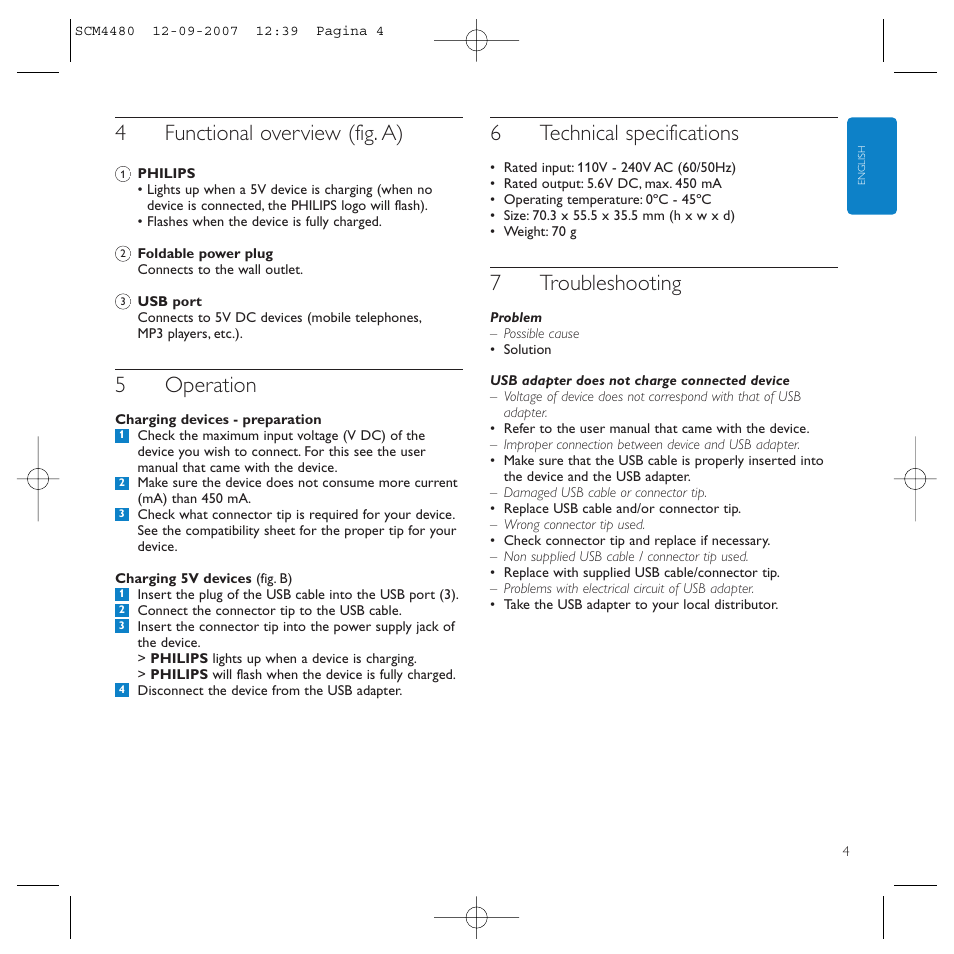 4functional overview (fig. a), 5operation, 6technical specifications | 7troubleshooting | Philips Power2Charge User Manual | Page 4 / 61