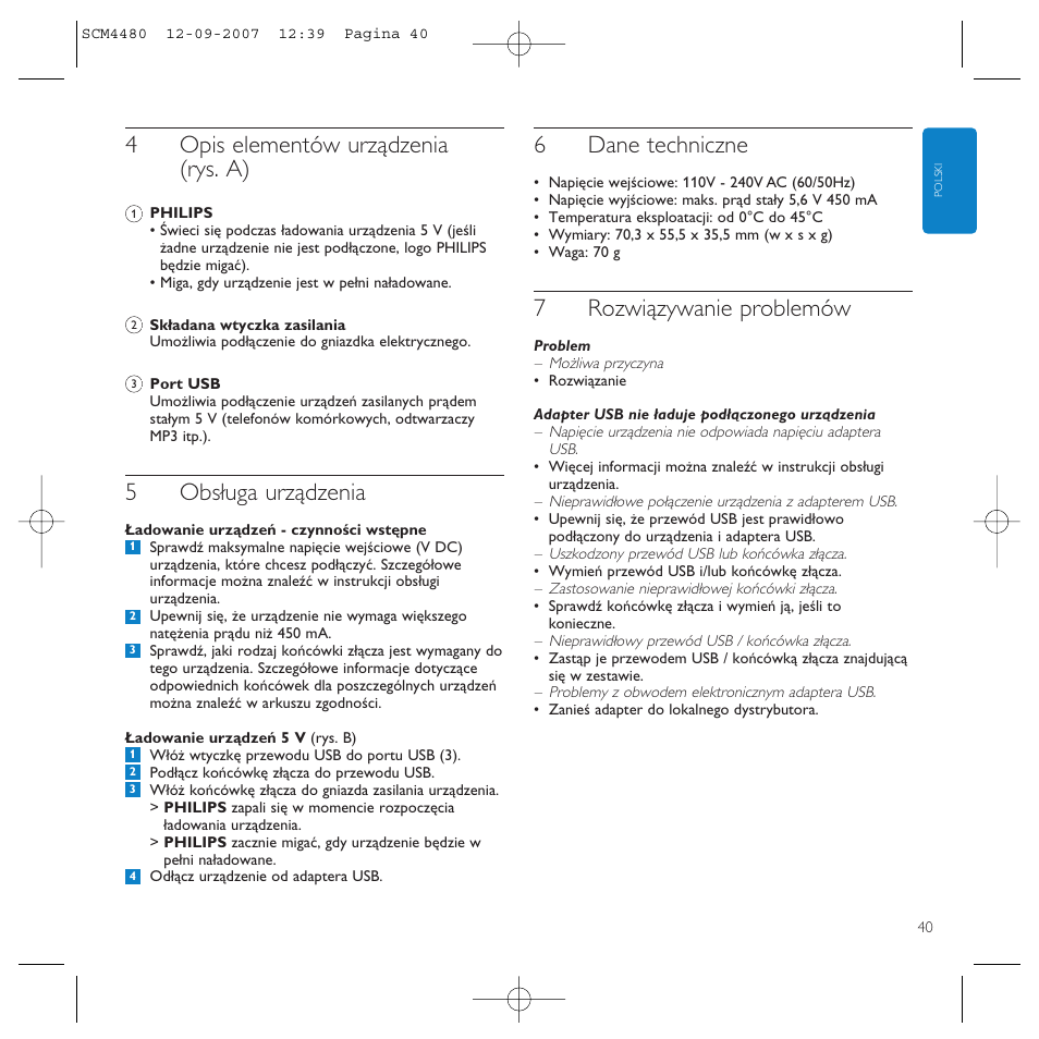 4opis elementów urządzenia (rys. a), 5obsługa urządzenia, 6dane techniczne | 7rozwiązywanie problemów | Philips Power2Charge User Manual | Page 40 / 61