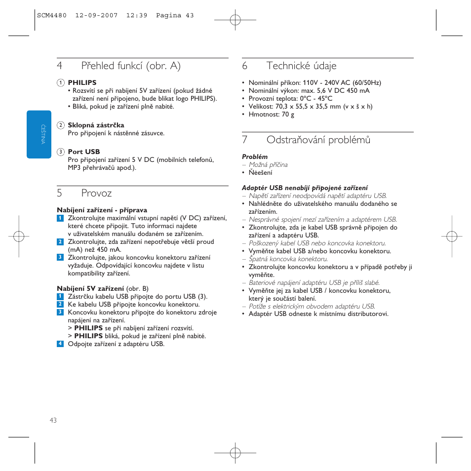 4přehled funkcí (obr. a), 5provoz, 6technické údaje | 7odstraňování problémů | Philips Power2Charge User Manual | Page 43 / 61