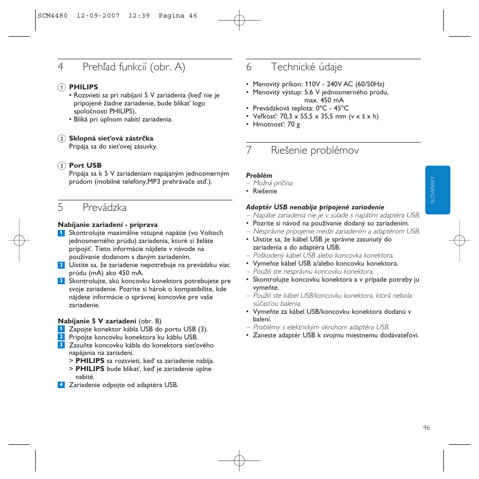 4prehľad funkcií (obr. a), 5prevádzka, 6technické údaje | 7riešenie problémov | Philips Power2Charge User Manual | Page 46 / 61