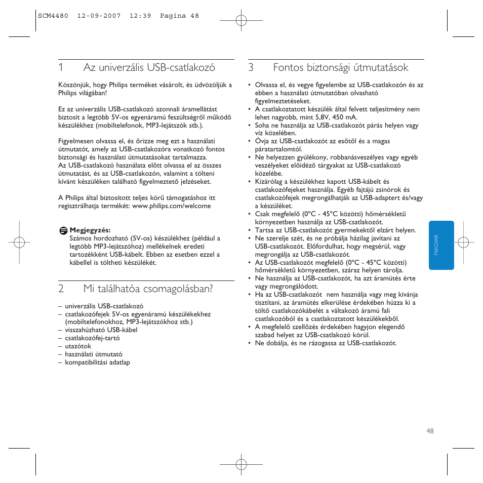 1az univerzális usb-csatlakozó, 2mi találhatóa csomagolásban, 3fontos biztonsági útmutatások | Philips Power2Charge User Manual | Page 48 / 61