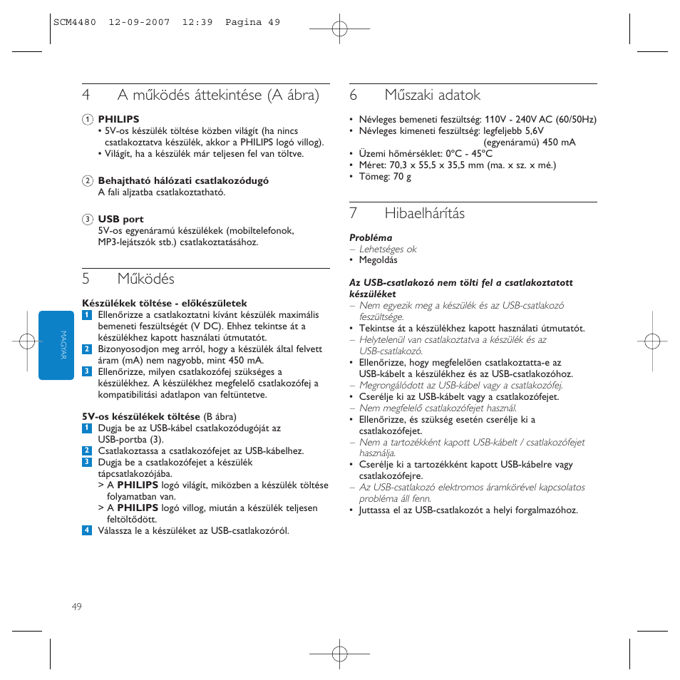 4a működés áttekintése (a ábra), 5működés, 6műszaki adatok | 7hibaelhárítás | Philips Power2Charge User Manual | Page 49 / 61