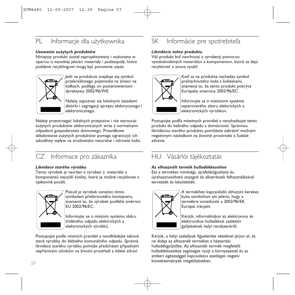 Pl informacje dla użytkownika, Cz informace pro zákazníka, Sk informácie pre spotrebiteľa | Hu vásárlói tájékoztatás | Philips Power2Charge User Manual | Page 57 / 61