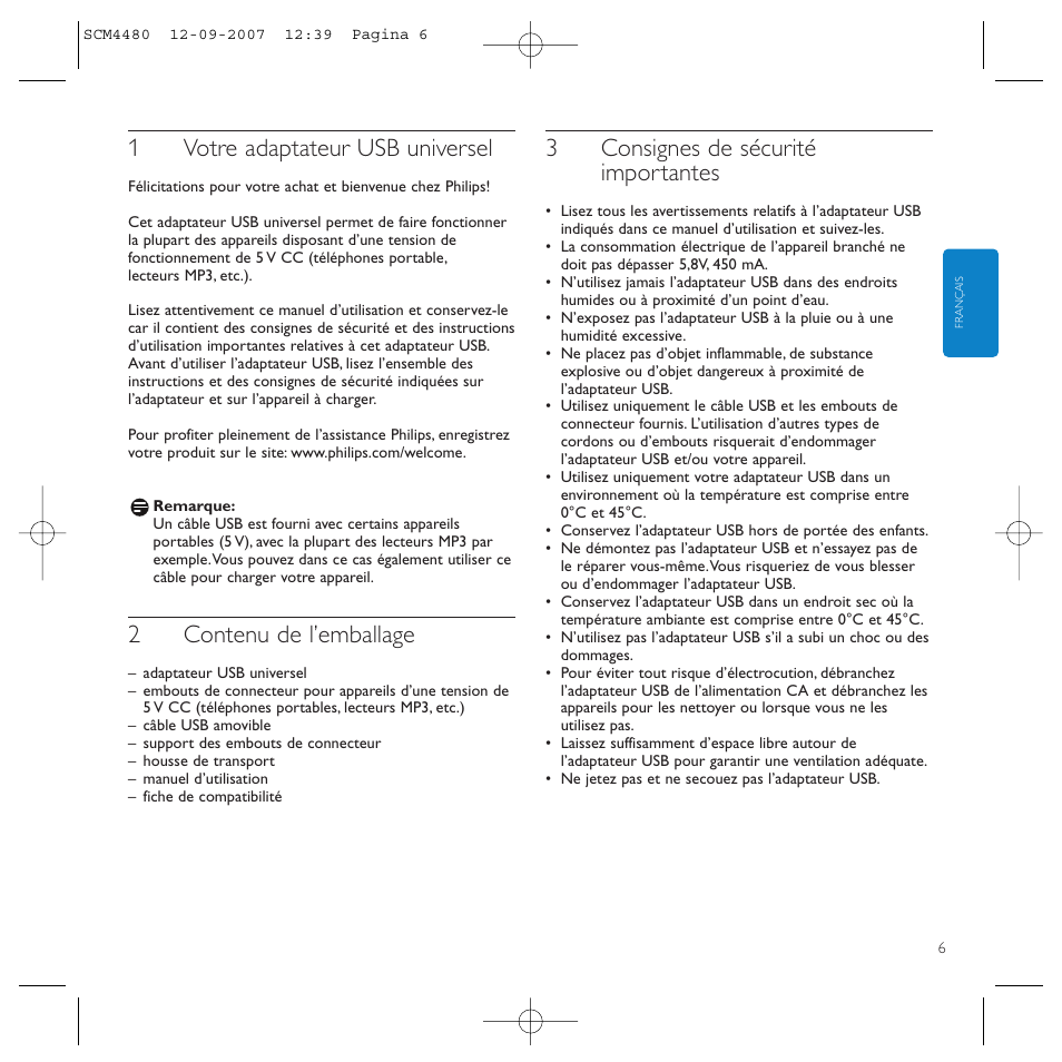1votre adaptateur usb universel, 2contenu de l’emballage, 3consignes de sécurité importantes | Philips Power2Charge User Manual | Page 6 / 61