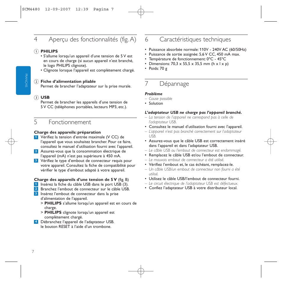 4aperçu des fonctionnalités (fig. a), 5fonctionnement, 6caractéristiques techniques | 7dépannage | Philips Power2Charge User Manual | Page 7 / 61