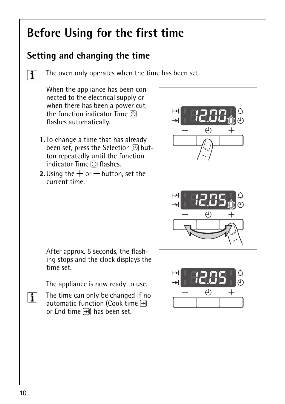 Before using for the first time, Setting and changing the time | AEG COMPETENCE E1100-4 User Manual | Page 10 / 48