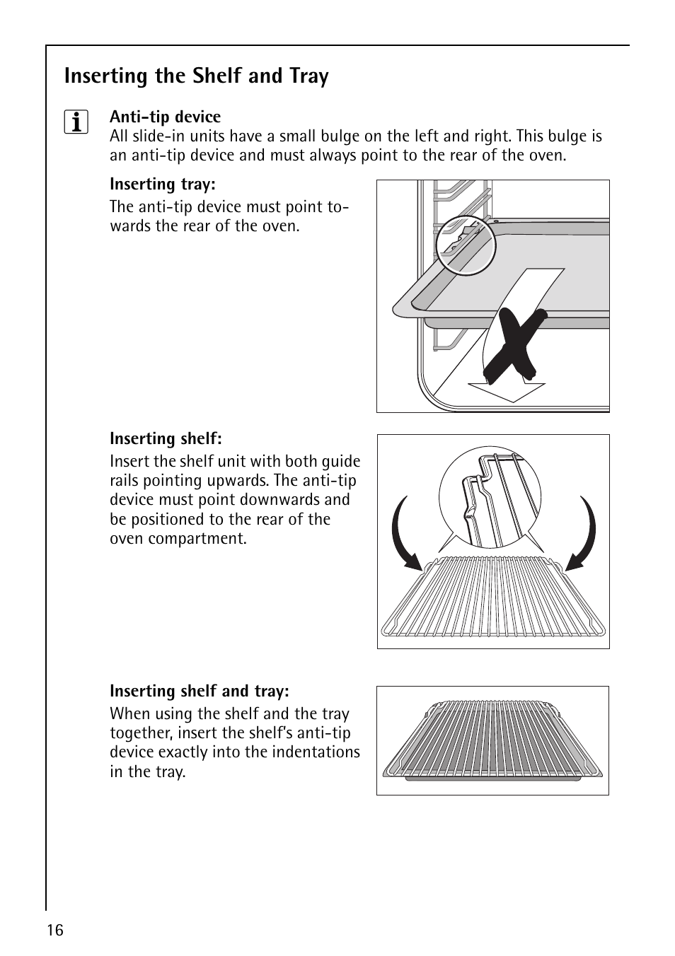 Inserting the shelf and tray | AEG COMPETENCE E1100-4 User Manual | Page 16 / 48