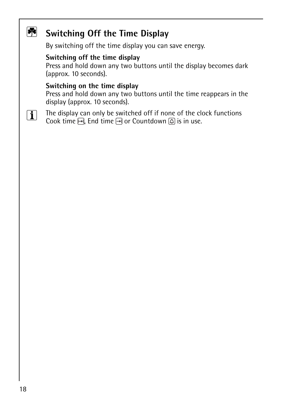 Switching off the time display | AEG COMPETENCE E1100-4 User Manual | Page 18 / 48