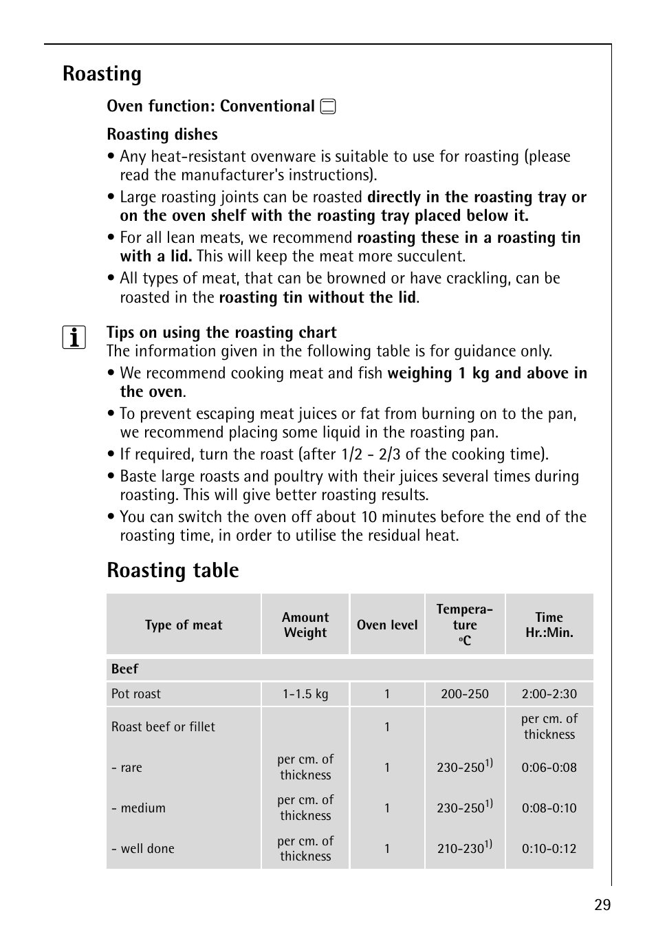 Roasting, Roasting table | AEG COMPETENCE E1100-4 User Manual | Page 29 / 48