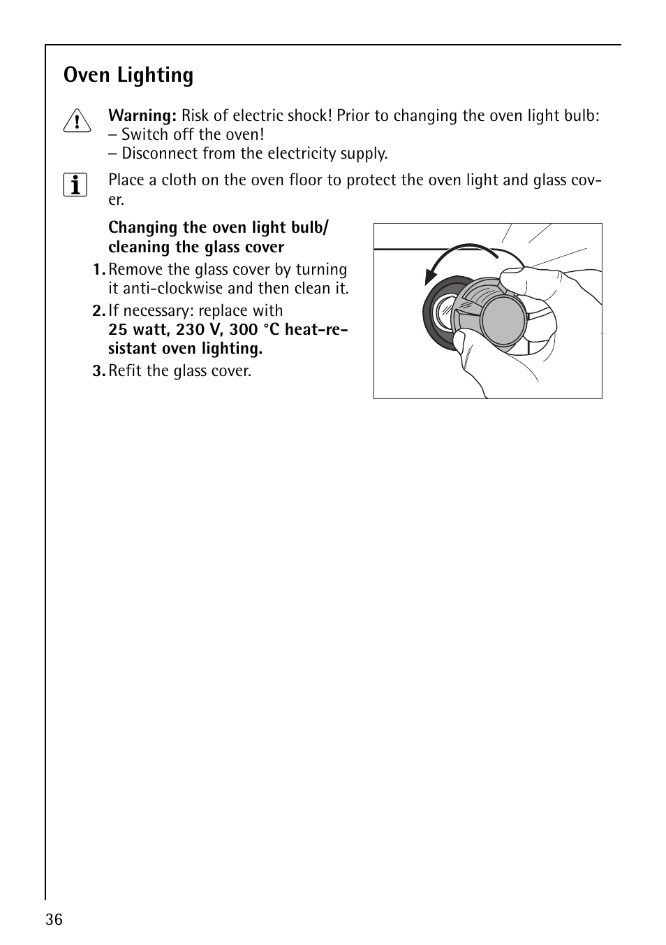 Oven lighting | AEG COMPETENCE E1100-4 User Manual | Page 36 / 48