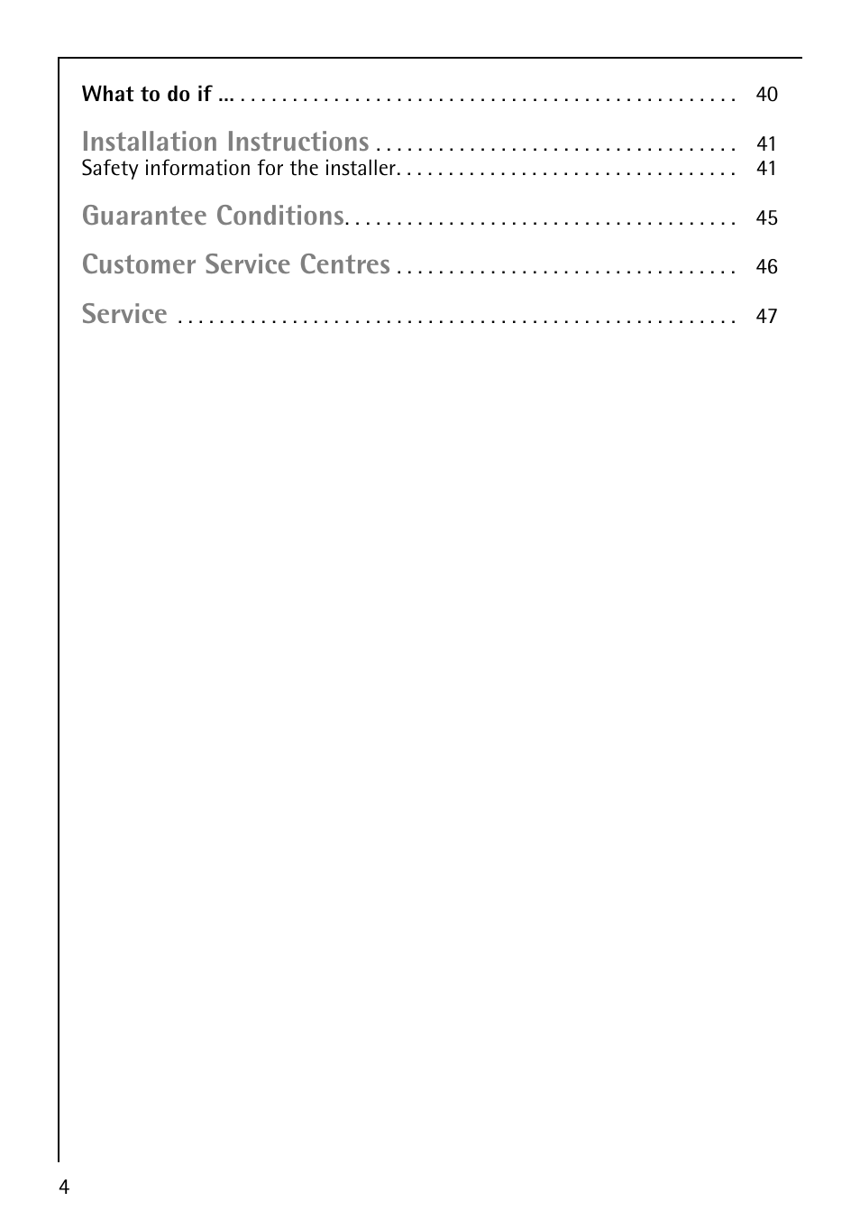 Installation instructions, Guarantee conditions, Customer service centres | Service | AEG COMPETENCE E1100-4 User Manual | Page 4 / 48