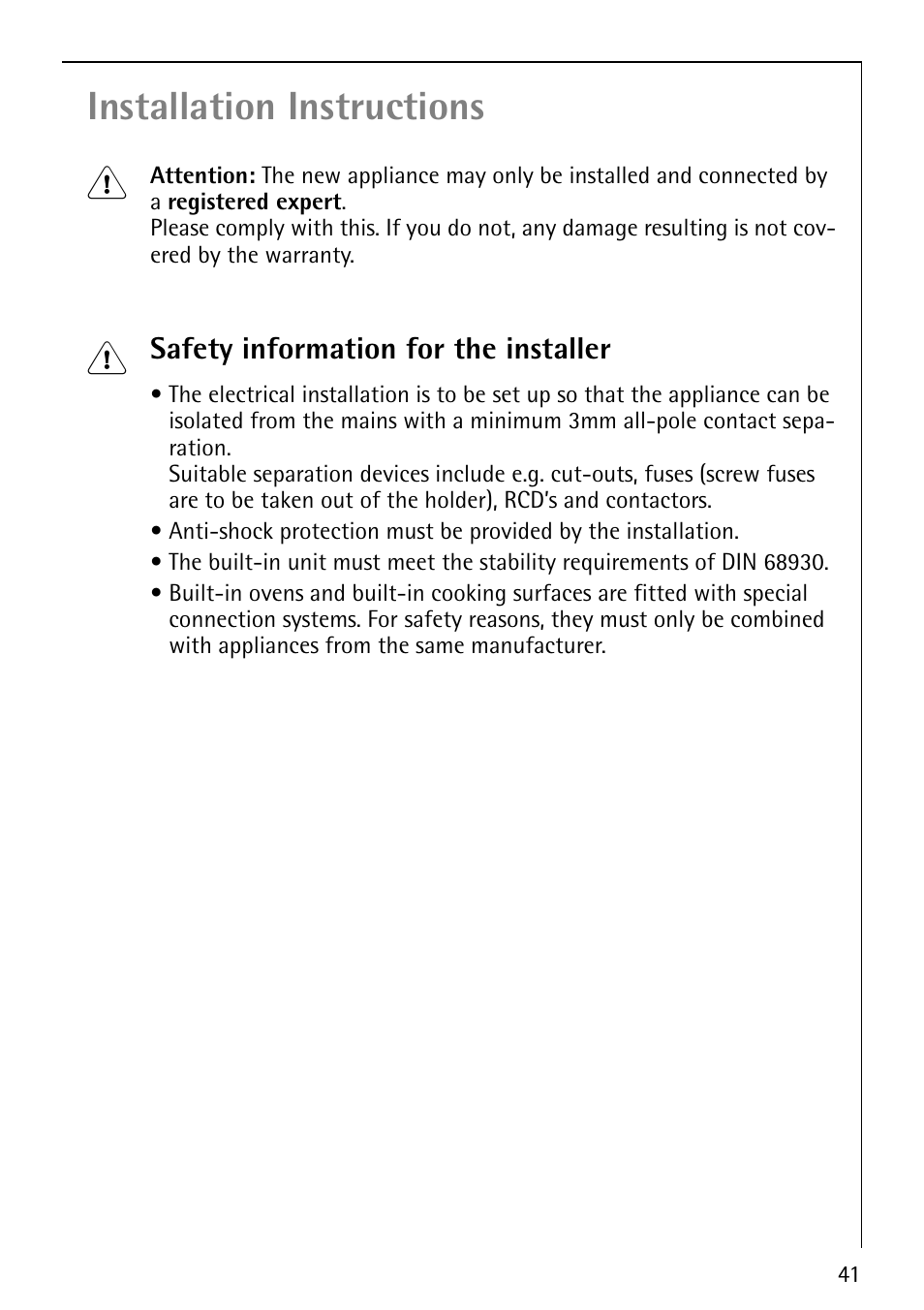 Installation instructions 1 | AEG COMPETENCE E1100-4 User Manual | Page 41 / 48