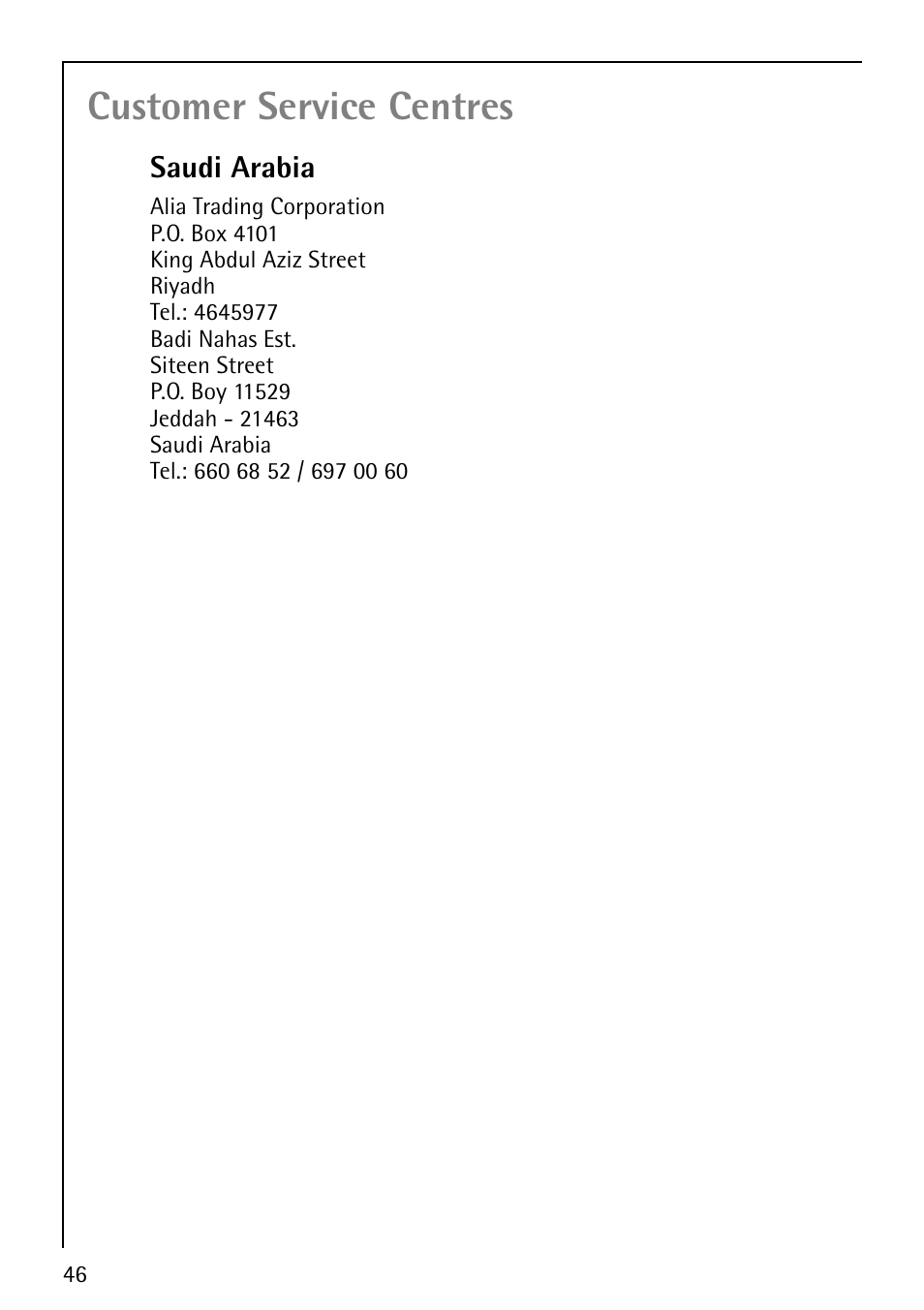 Customer service centres | AEG COMPETENCE E1100-4 User Manual | Page 46 / 48