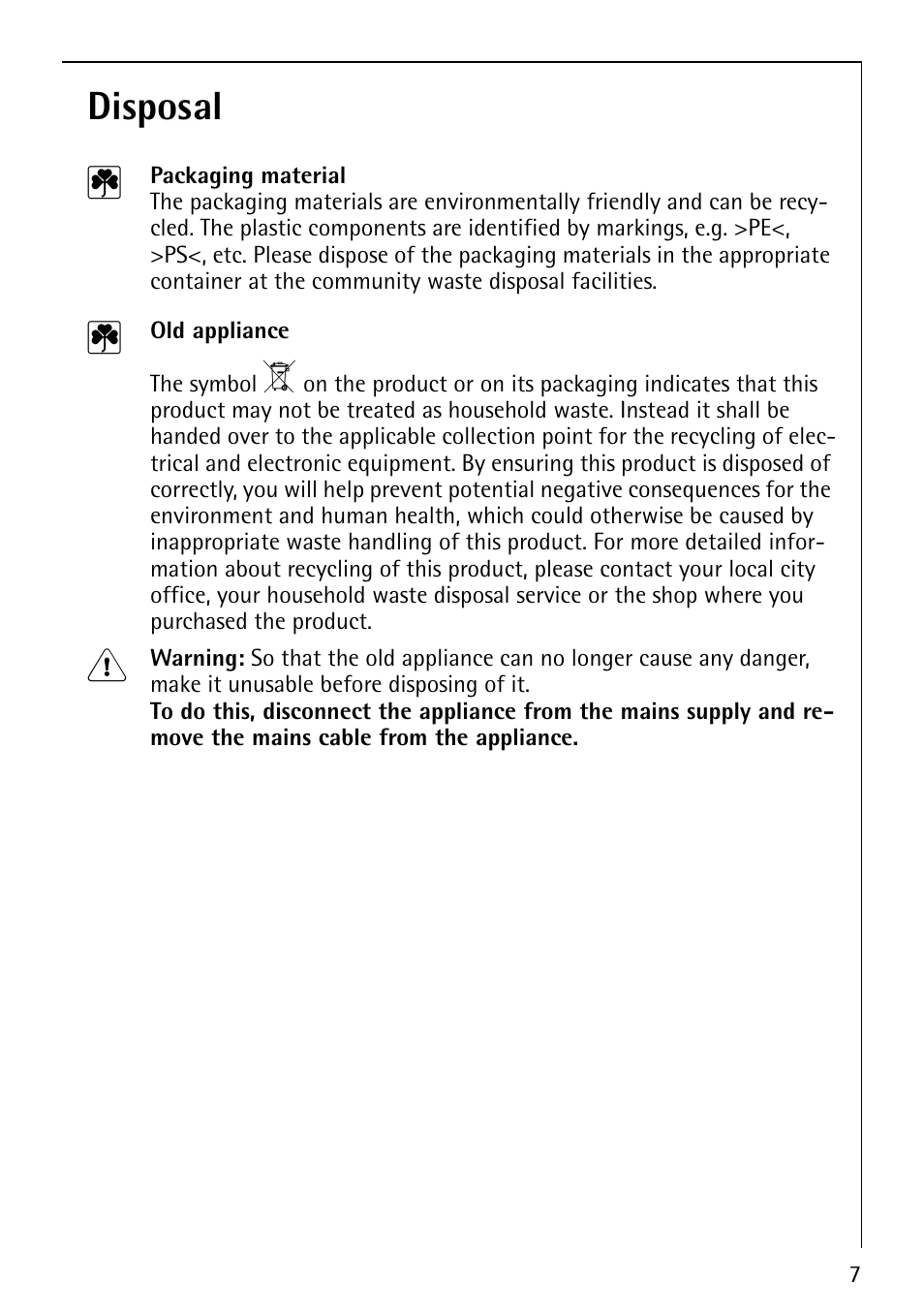 Disposal 2 | AEG COMPETENCE E1100-4 User Manual | Page 7 / 48