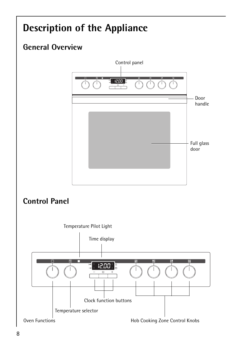 Description of the appliance, General overview, Control panel | AEG COMPETENCE E1100-4 User Manual | Page 8 / 48