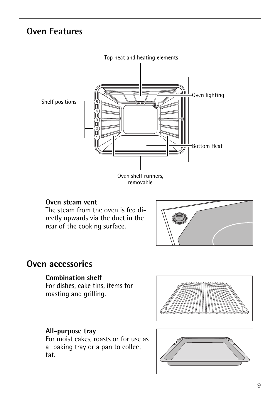 Oven features, Oven accessories | AEG COMPETENCE E1100-4 User Manual | Page 9 / 48