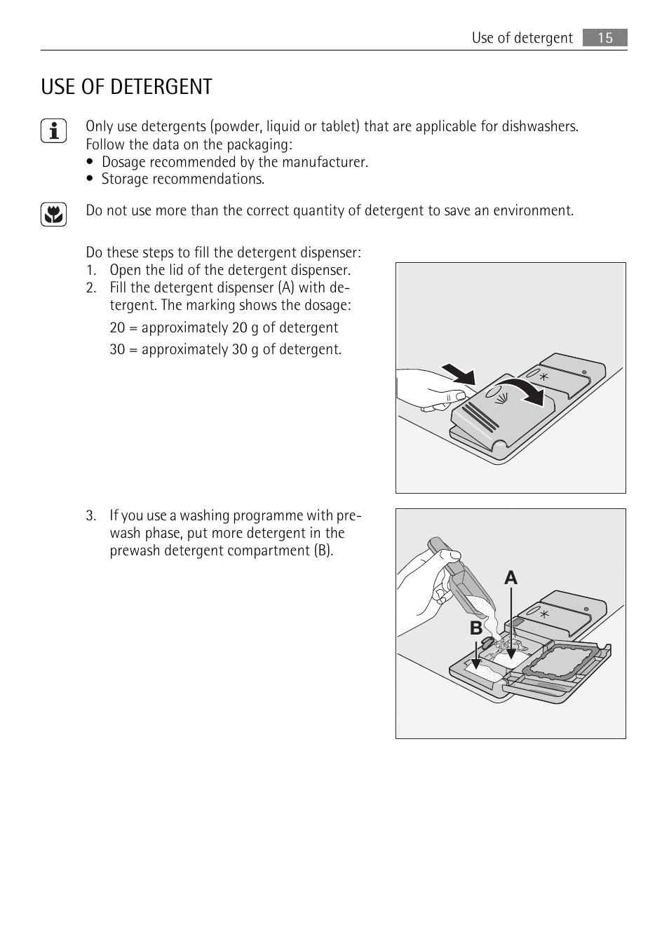 Use of detergent | AEG FAVORIT 45003 User Manual | Page 15 / 28