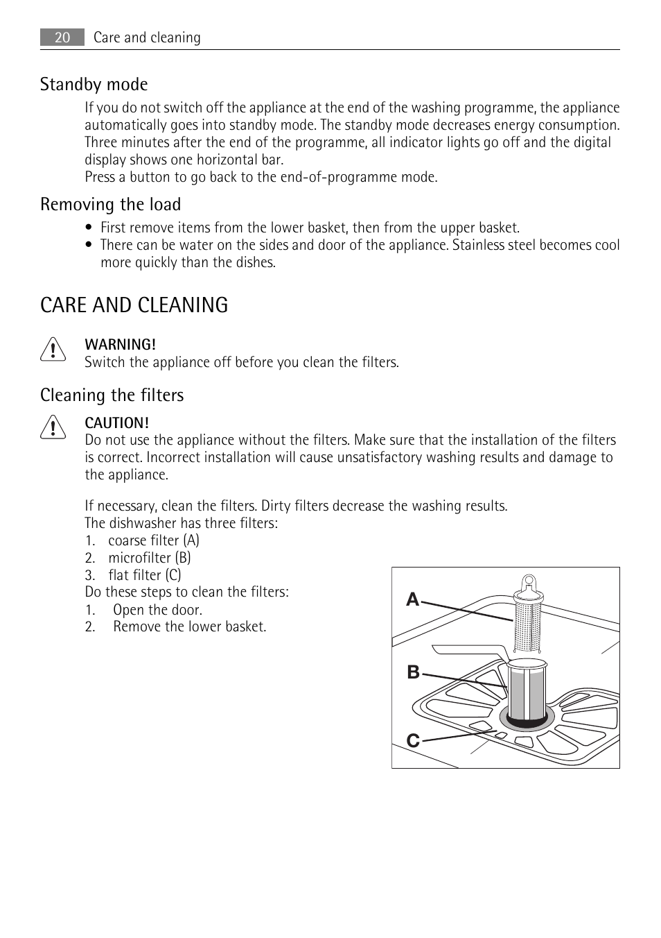 Care and cleaning, Standby mode, Removing the load | Cleaning the filters, Ab c | AEG FAVORIT 45003 User Manual | Page 20 / 28