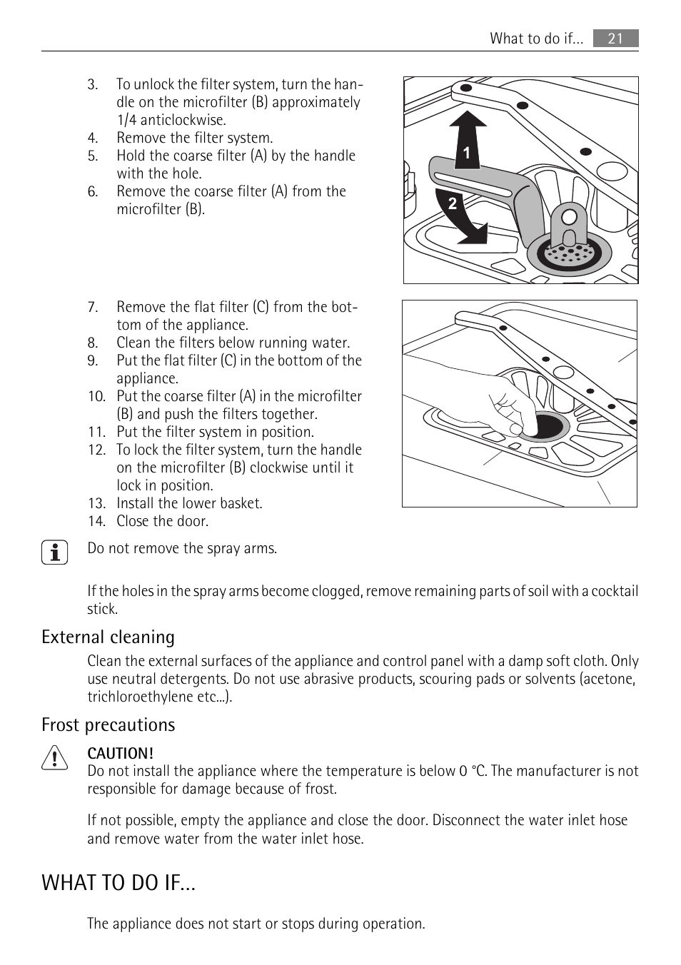 What to do if, External cleaning, Frost precautions | AEG FAVORIT 45003 User Manual | Page 21 / 28