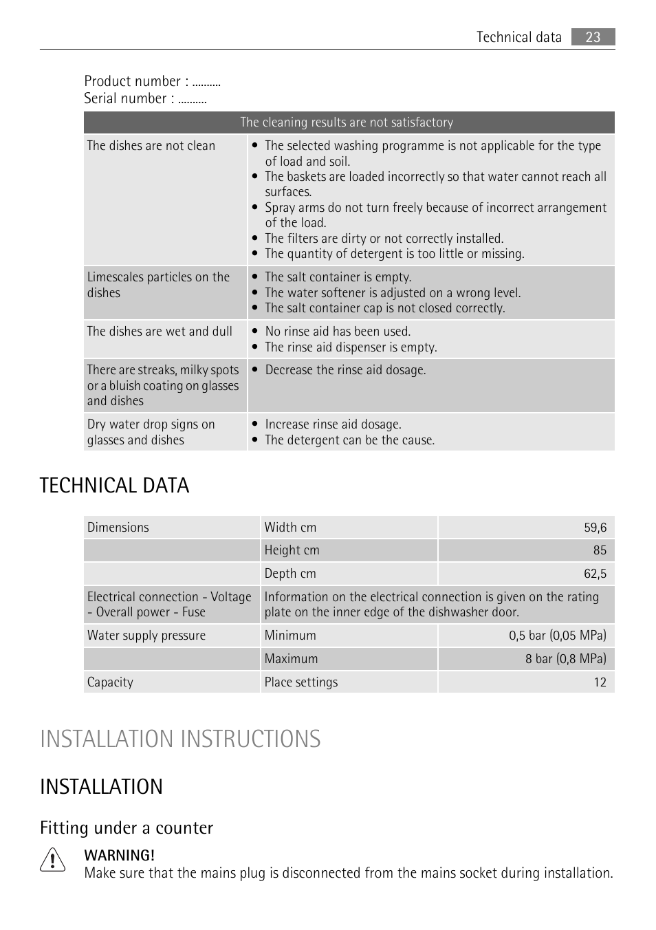 Installation instructions, Technical data, Installation | Fitting under a counter | AEG FAVORIT 45003 User Manual | Page 23 / 28