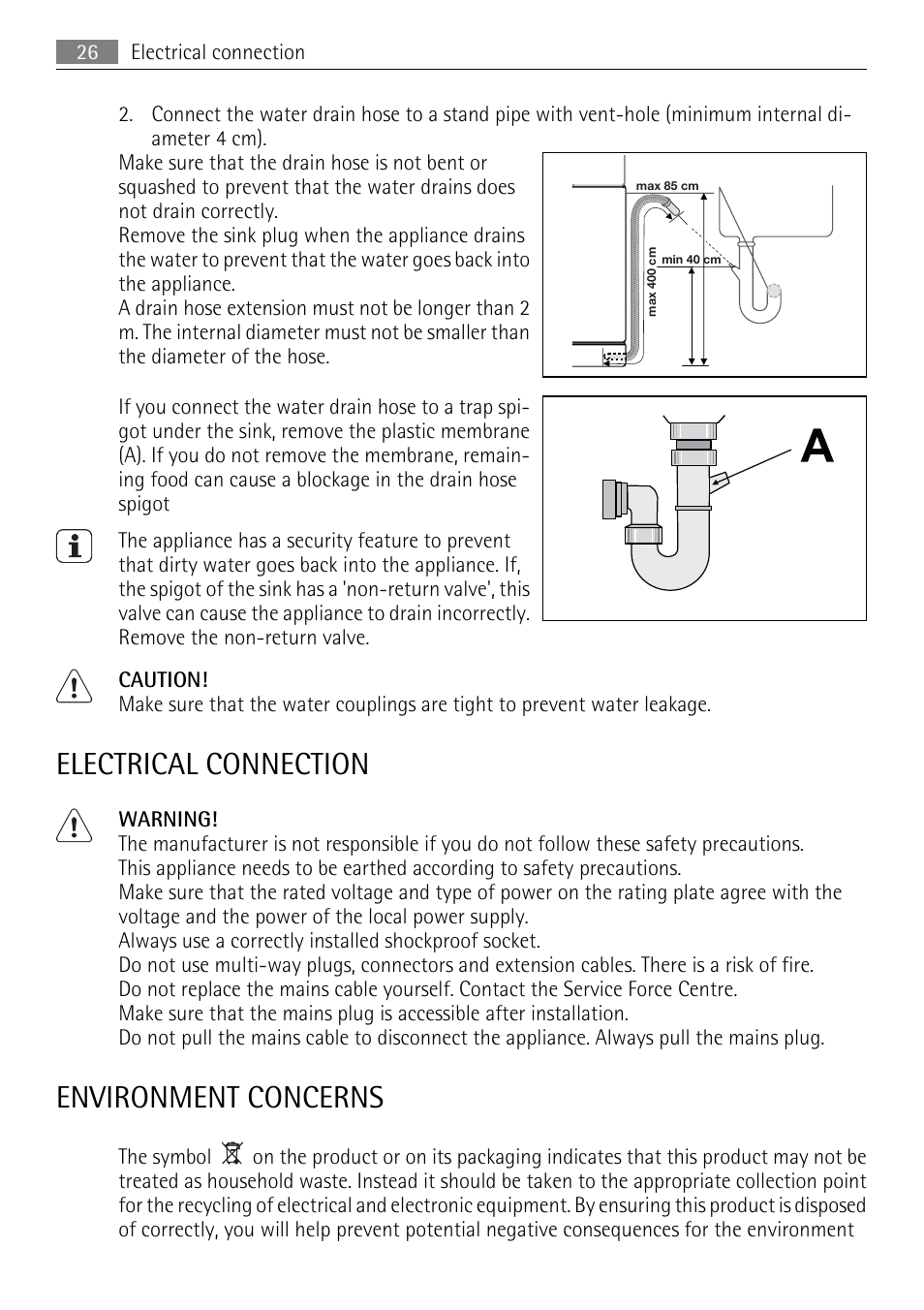 Electrical connection, Environment concerns | AEG FAVORIT 45003 User Manual | Page 26 / 28