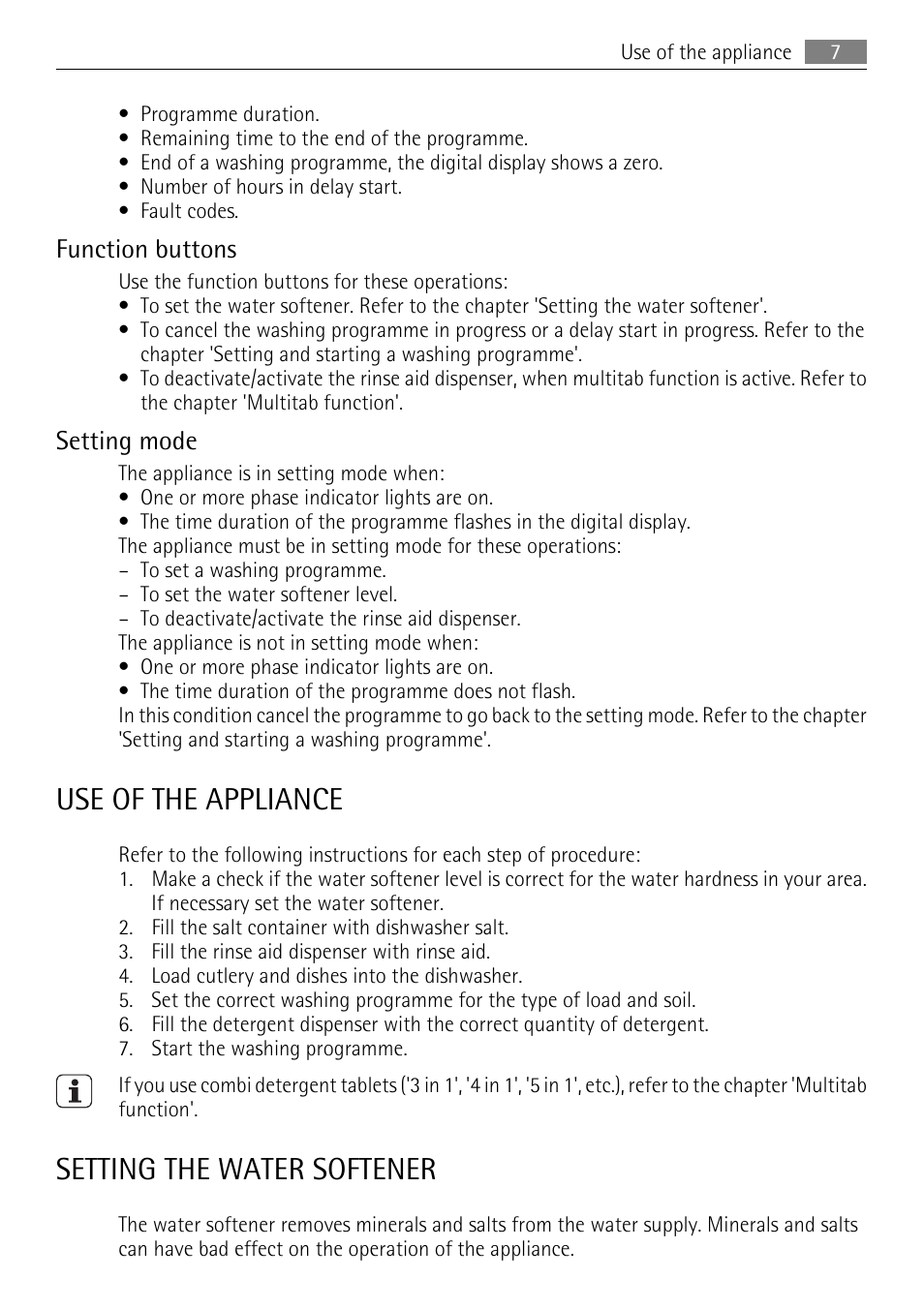 Use of the appliance, Setting the water softener, Function buttons | Setting mode | AEG FAVORIT 45003 User Manual | Page 7 / 28
