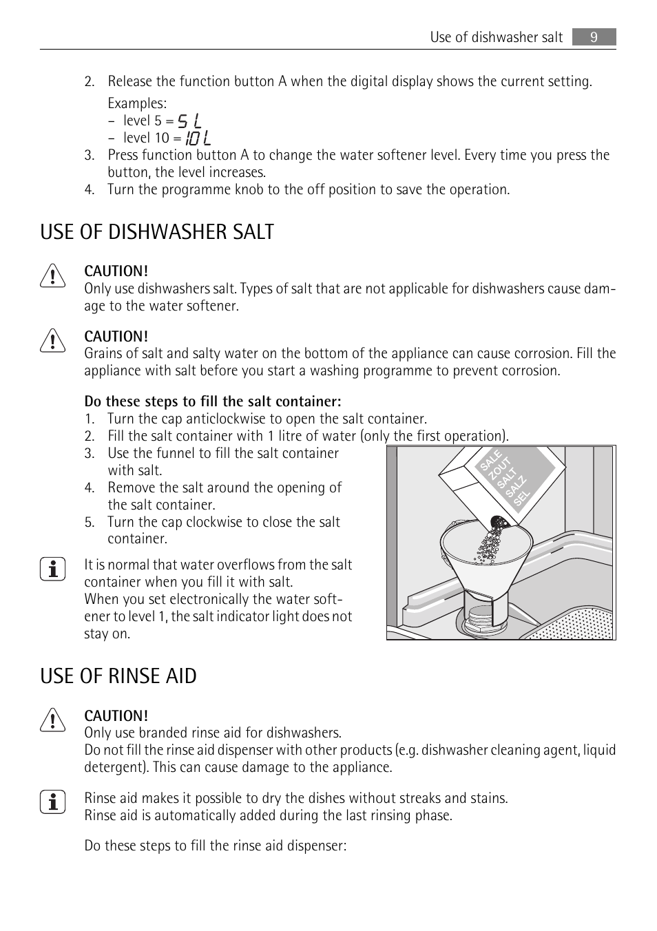 Use of dishwasher salt, Use of rinse aid | AEG FAVORIT 45003 User Manual | Page 9 / 28