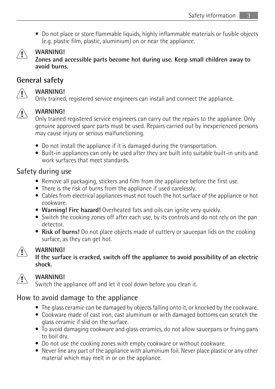 General safety, Safety during use, How to avoid damage to the appliance | AEG 33620 DK-M User Manual | Page 3 / 12