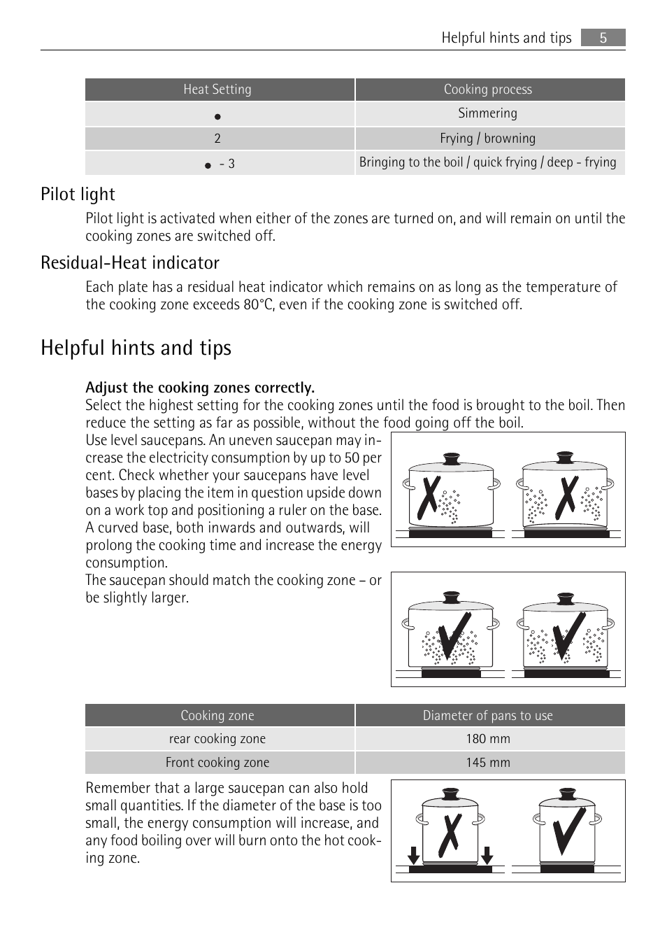 Pilot light, Residual-heat indicator, Helpful hints and tips | AEG 33620 DK-M User Manual | Page 5 / 12
