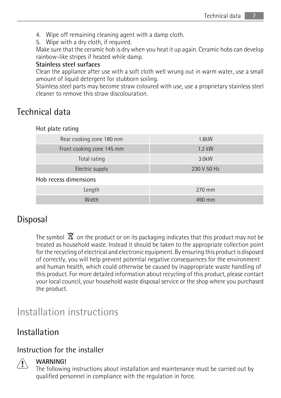 Technical data, Disposal, Installation | Instruction for the installer, Installation instructions | AEG 33620 DK-M User Manual | Page 7 / 12