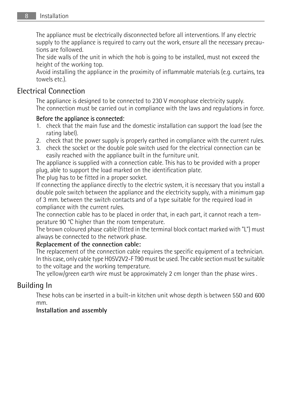 Electrical connection, Building in | AEG 33620 DK-M User Manual | Page 8 / 12