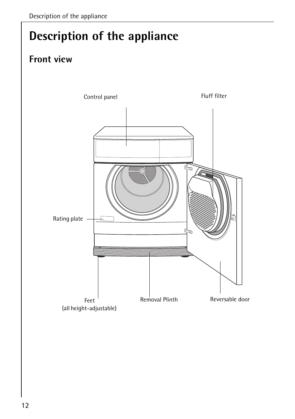 Description of the appliance, Front view | AEG LAVATHERM T30 User Manual | Page 12 / 32