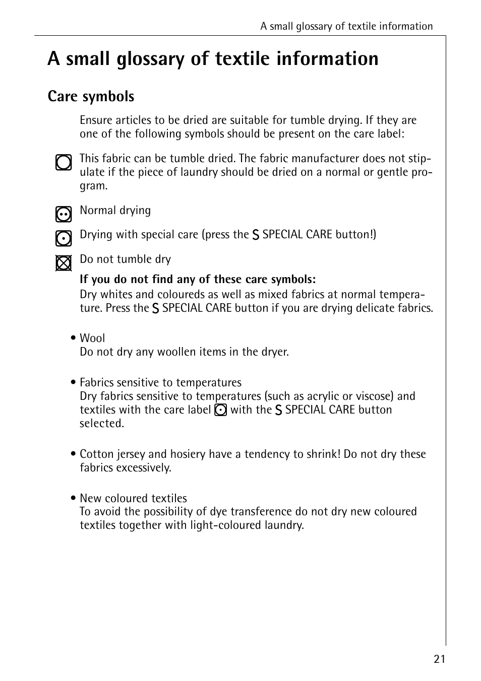 A small glossary of textile information, Care symbols | AEG LAVATHERM T30 User Manual | Page 21 / 32
