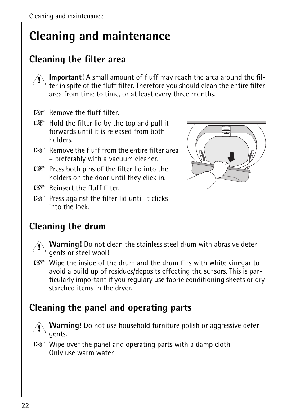 Cleaning and maintenance, Cleaning the filter area, Cleaning the drum | Cleaning the panel and operating parts | AEG LAVATHERM T30 User Manual | Page 22 / 32
