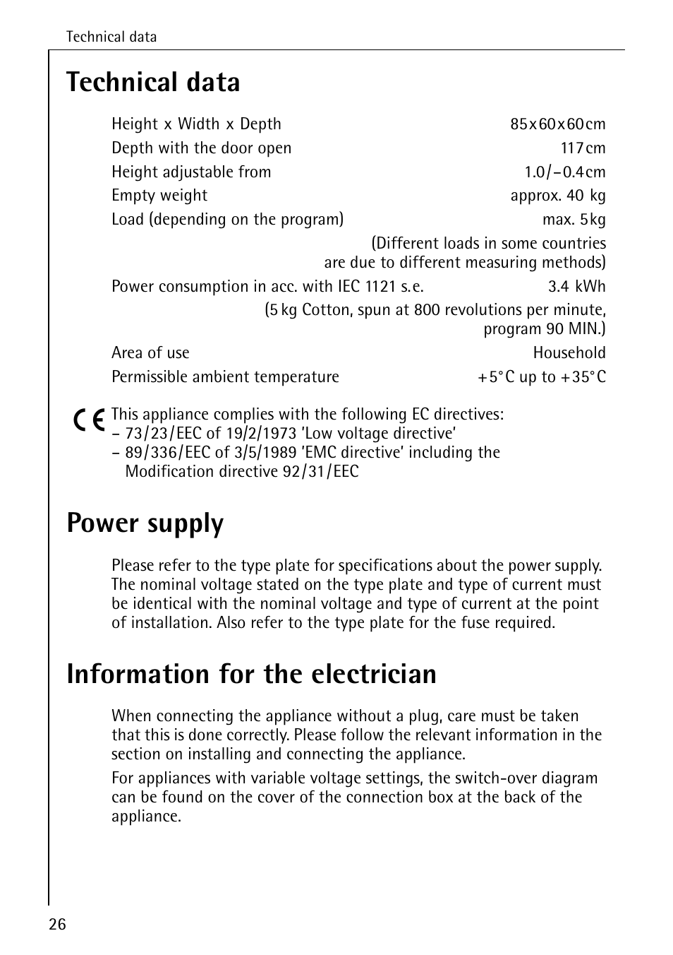 Technical data, Power supply, Information for the electrician | AEG LAVATHERM T30 User Manual | Page 26 / 32