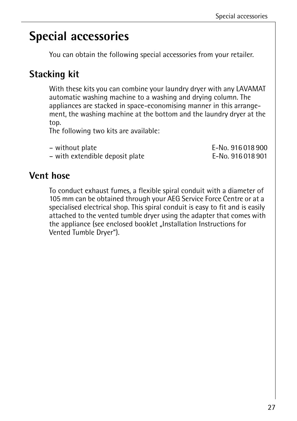 Special accessories, Stacking kit, Vent hose | AEG LAVATHERM T30 User Manual | Page 27 / 32