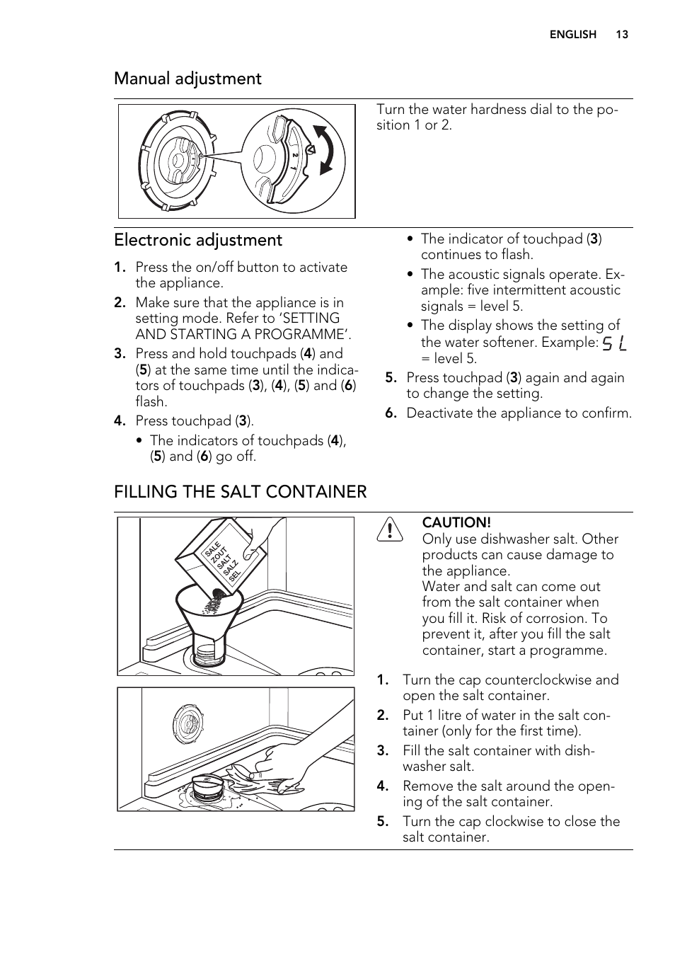 Manual adjustment, Electronic adjustment, Filling the salt container | AEG 88060 User Manual | Page 13 / 24