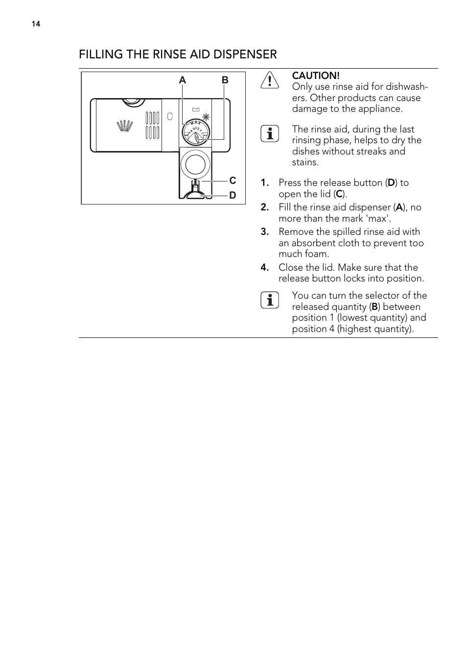 Filling the rinse aid dispenser | AEG 88060 User Manual | Page 14 / 24