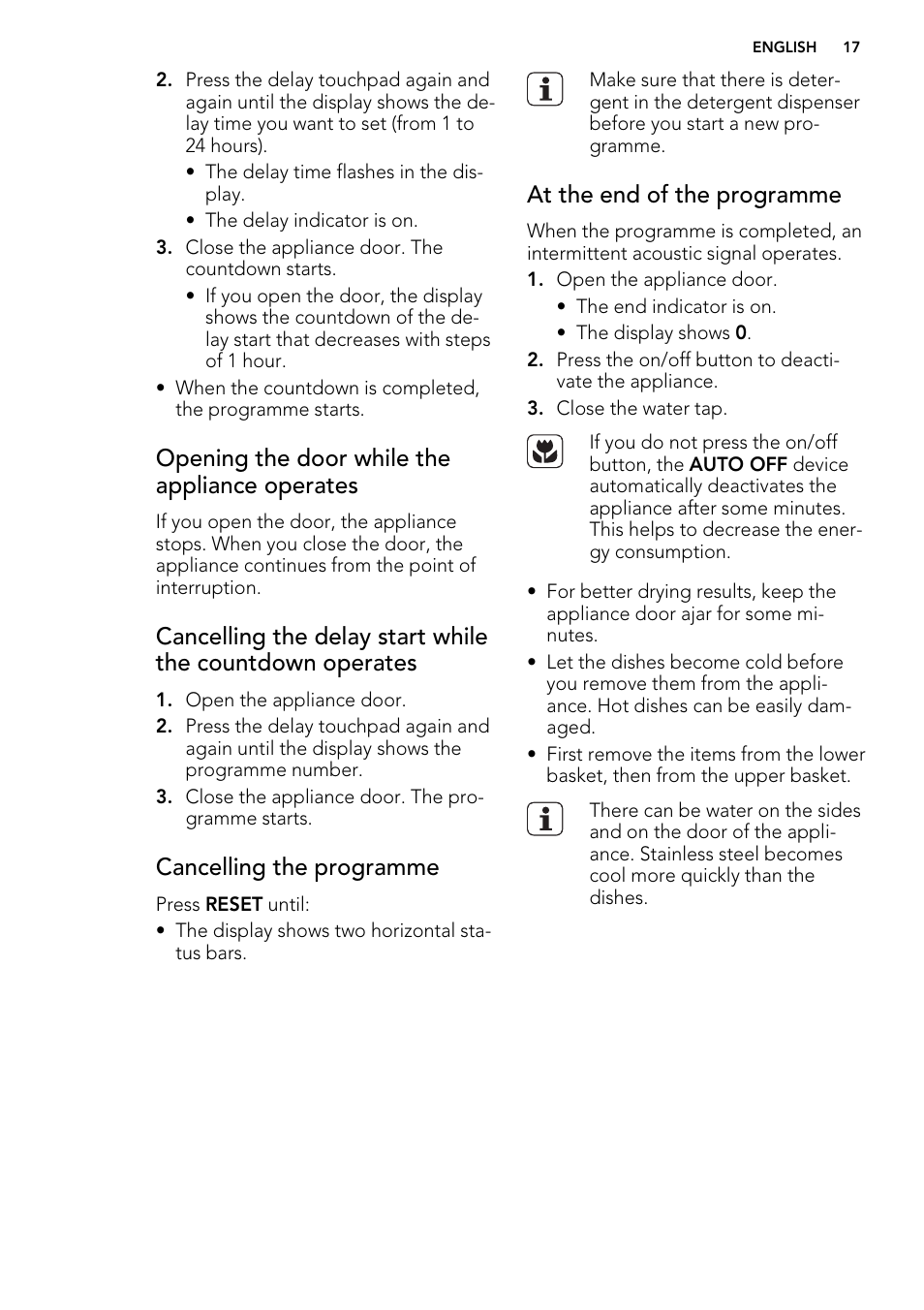 Opening the door while the appliance operates, Cancelling the programme, At the end of the programme | AEG 88060 User Manual | Page 17 / 24